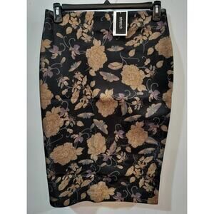 Eci New York Stretch Mesh Floral Skirt Black Beige Midi Pencil Womens 10
